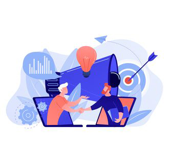 Businessmen handshake from laptops and megaphone. Collaboration and communication, corporate and cooperative business concept on white background. Pink coral blue vector isolated illustration